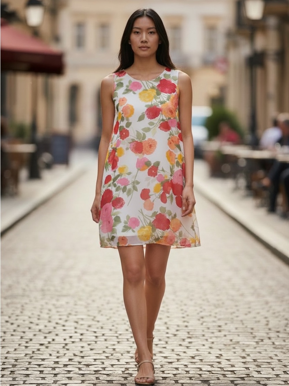 Tommy Hilfiger White Floral Sleeveless Mini Dress with Pink & Yellow Blooms